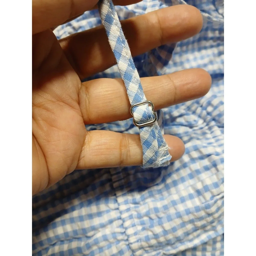 NEW No Boundaries Baby Blue Gingham Smocked Cami Crop Top Tie Front Ruffle Hem S